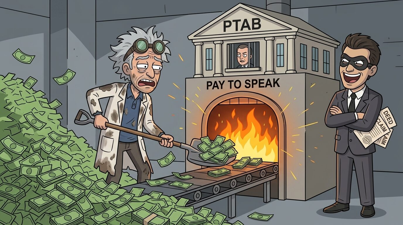 Cartoon: the goggled inventor shovels heaps of cash into a blazing furnace labeled 'PTAB - PAY TO SPEAK' while a smug masked thief in a suit looks on holding a 'DEED / CLAIM' document.