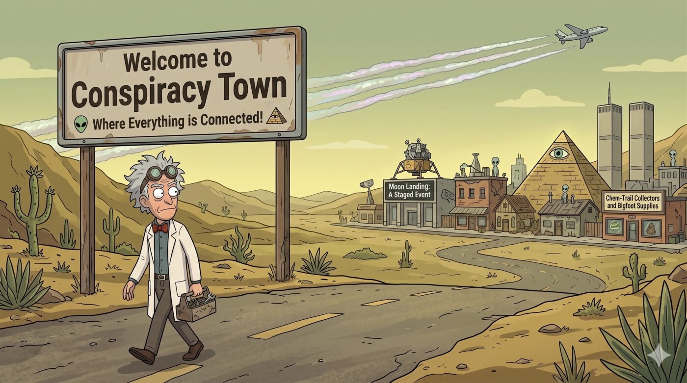 Cartoon: the wild-haired scientist in a lab coat walks a desert road carrying a briefcase past a sign reading 'Welcome to Conspiracy Town — where everything is connected,' beneath a chemtrail-streaking plane, with twin towers, an all-seeing-eye pyramid, and shops labeled 'Moon Landing: A Staged Event' and 'Chem-Trail Collectors and Bigfoot Supplies.'