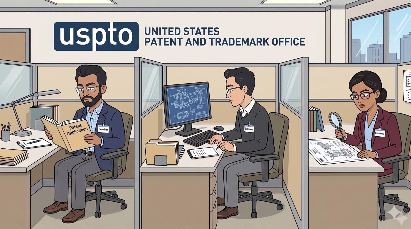 Cartoon of three patent examiners working carefully at their cubicles inside the USPTO — one reading a patent application, one studying drawings on a computer, one inspecting drawings with a magnifying glass.