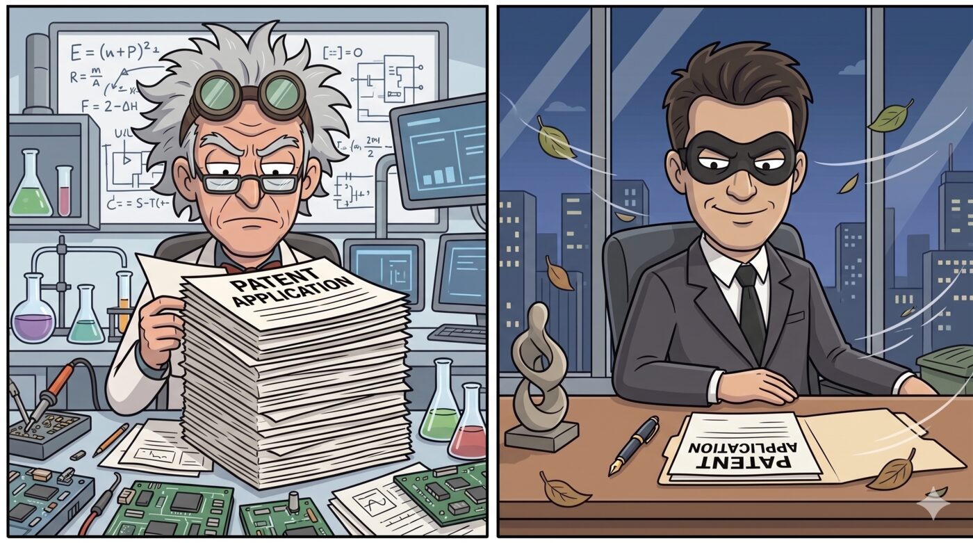 Two-panel cartoon: the goggled inventor at his equation-covered lab bench holds a thick stack of papers labeled 'Patent Application'; the masked Corporate IP Pirate at a high-rise office desk holds a single thin page labeled 'Patent Application.'