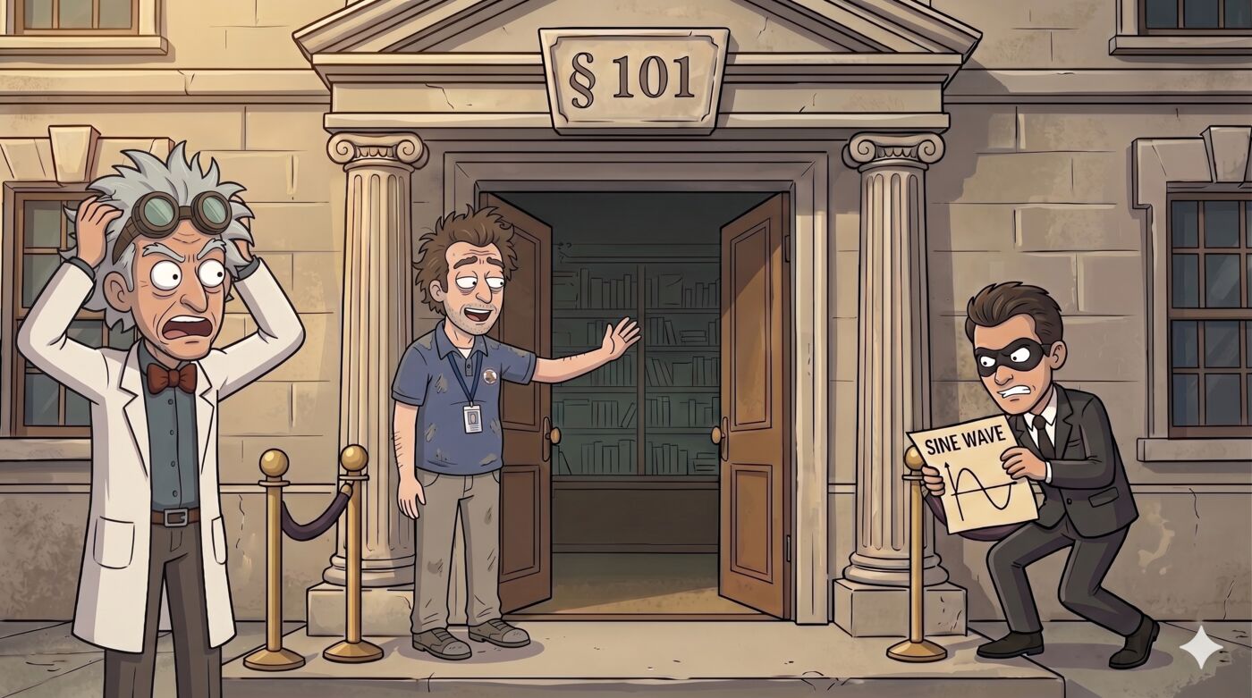 Cartoon outside a stone building labeled § 101: a wild-haired inventor in a lab coat and goggles clutches his head while a weary, badge-wearing patent examiner gestures toward the open door, and a masked man in a suit crouches by a velvet rope holding up a page labeled 'SINE WAVE' with a sine curve drawn on it.