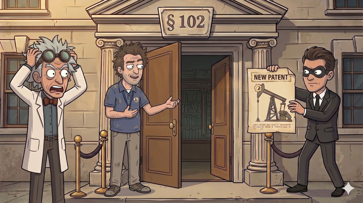 Cartoon outside a stone building labeled § 102: a wild-haired inventor in a lab coat and goggles clutches his head while a weary, badge-wearing patent examiner gestures toward the open door, and a masked man in a suit holds up a page titled 'NEW PATENT' showing a pumpjack diagram.