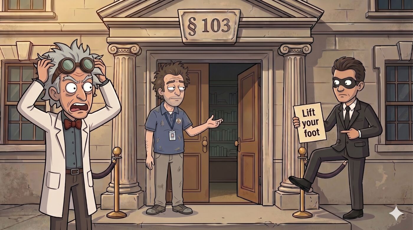 Cartoon outside a stone building labeled § 103: a wild-haired inventor in a lab coat and goggles clutches his head in dismay while a weary, badge-wearing patent examiner gestures toward the open door, and a masked man in a suit steps over a velvet rope holding a sign that reads "Lift your foot."