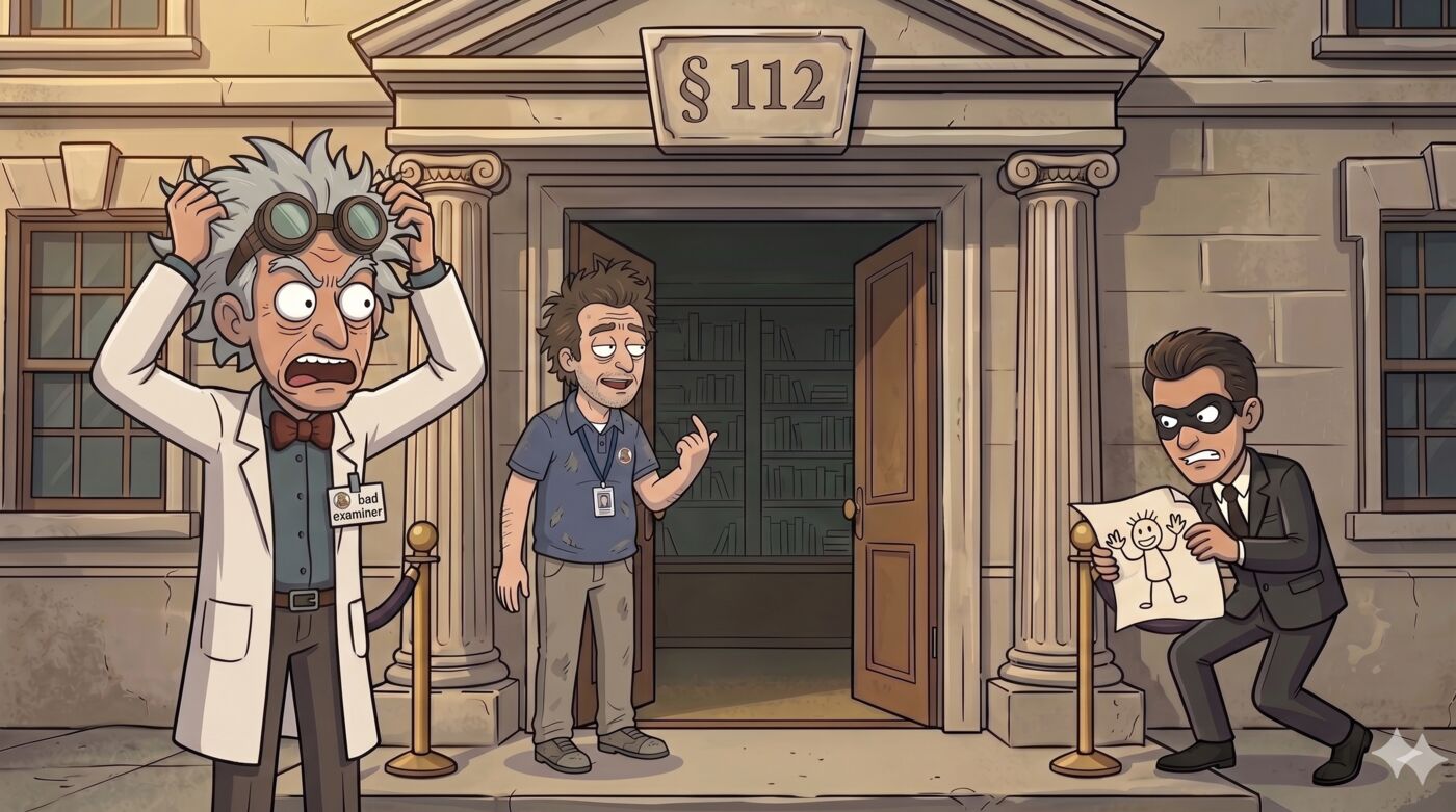Cartoon outside a stone building labeled § 112: a wild-haired inventor in a lab coat and goggles clutches his head in dismay while a weary, badge-wearing patent examiner gestures toward the open door, and a masked man in a suit crouches by a velvet rope holding up a crude child-like stick-figure drawing.