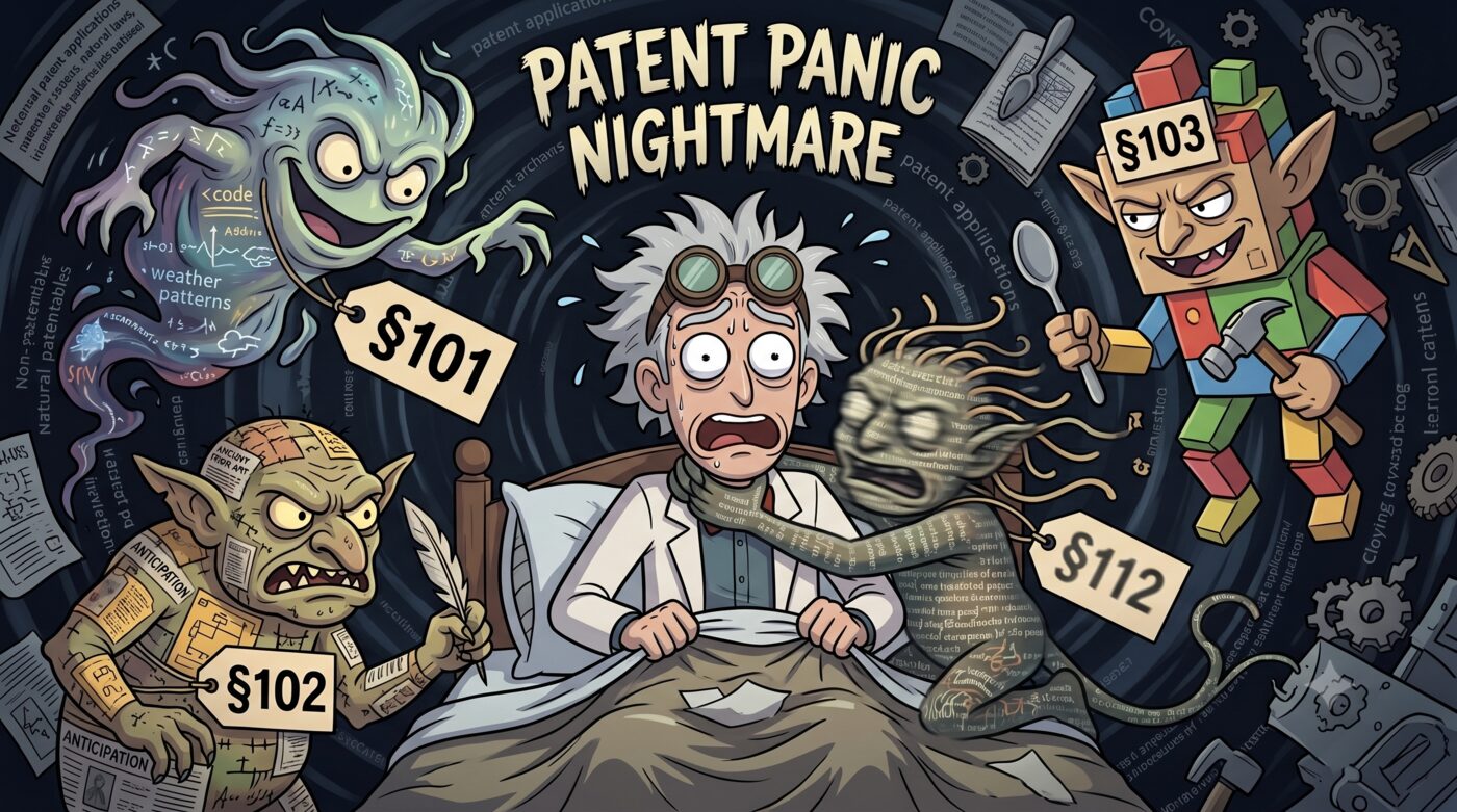 Cartoon titled 'Patent Panic Nightmare': the same inventor sits up in bed in terror, surrounded by the same four monster characters holding § 101, § 102, § 103, and § 112 tags, amid a swirling dark vortex of patent papers, equations, and gears.