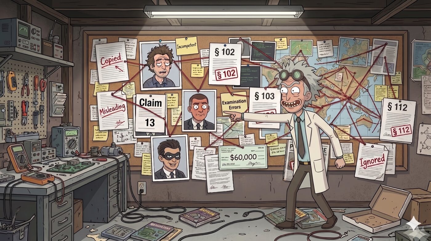 Cartoon: the goggled, wild-haired inventor in a lab coat gestures at a conspiracy-style corkboard strung with red yarn linking notes labeled 'Copied,' 'Misleading,' 'Claim 13,' '§ 102,' '§ 103,' '§ 112,' '$60,000,' 'Examination Errors,' and 'Ignored,' in a workshop cluttered with electronics.