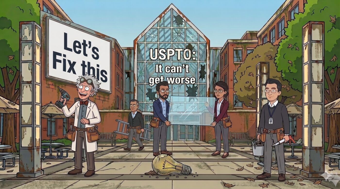 Cartoon: the goggled inventor in a lab coat holds a sign reading 'Let's Fix this' outside the USPTO building, where examiners hold a glass panel reading 'USPTO: It can't get worse' above a broken lightbulb on the ground.