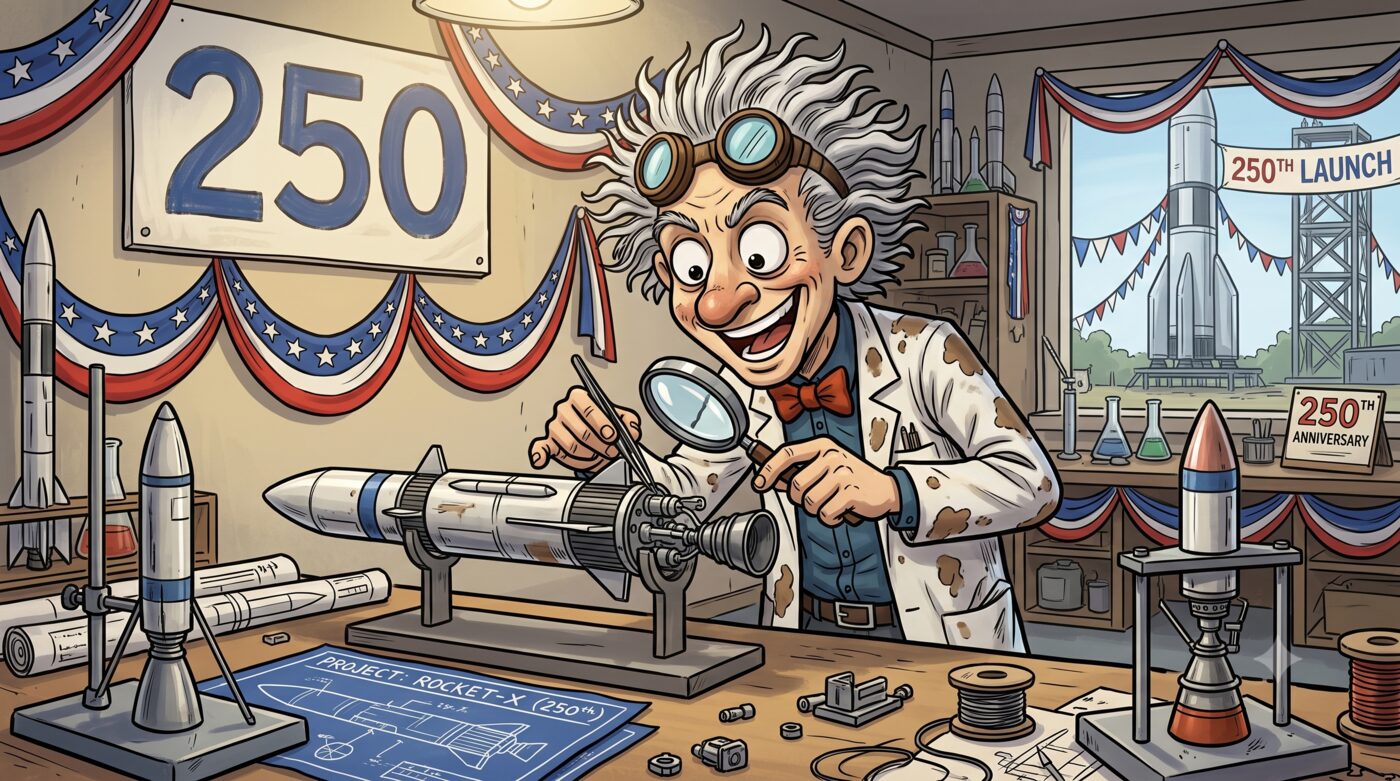 Cartoon: the goggled inventor at his workbench inspects a model rocket through a magnifying glass with tweezers, under a '250' sign and patriotic bunting, a blueprint labeled 'Project: Rocket-X (250th)' on the bench and a full-size rocket on a launch pad with '250th Launch' banners visible through the window.