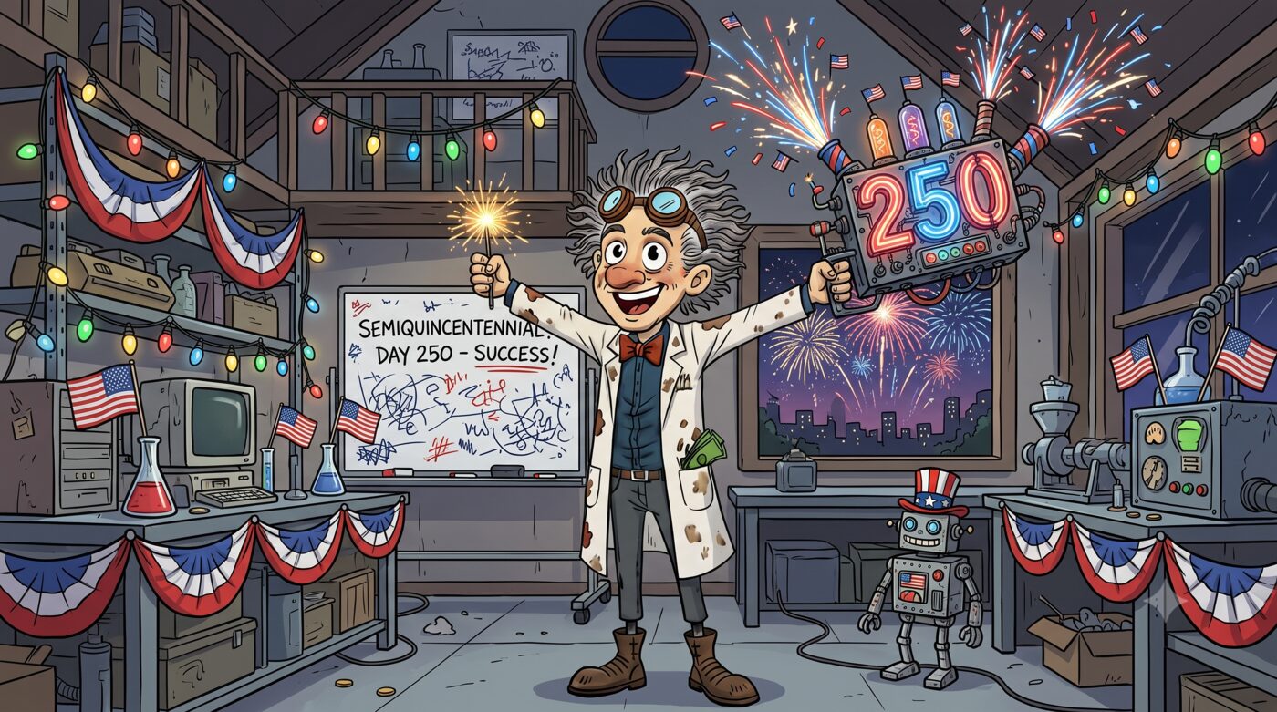 Cartoon: the goggled inventor in a lab coat celebrates in his patriotically decorated workshop — flags, red-white-and-blue bunting, and string lights — holding a sparkler and a fireworks-spouting neon '250' sign, beside a whiteboard reading 'Semiquincentennial: Day 250 – Success!' and a small robot in an Uncle Sam hat, as fireworks burst outside the window.