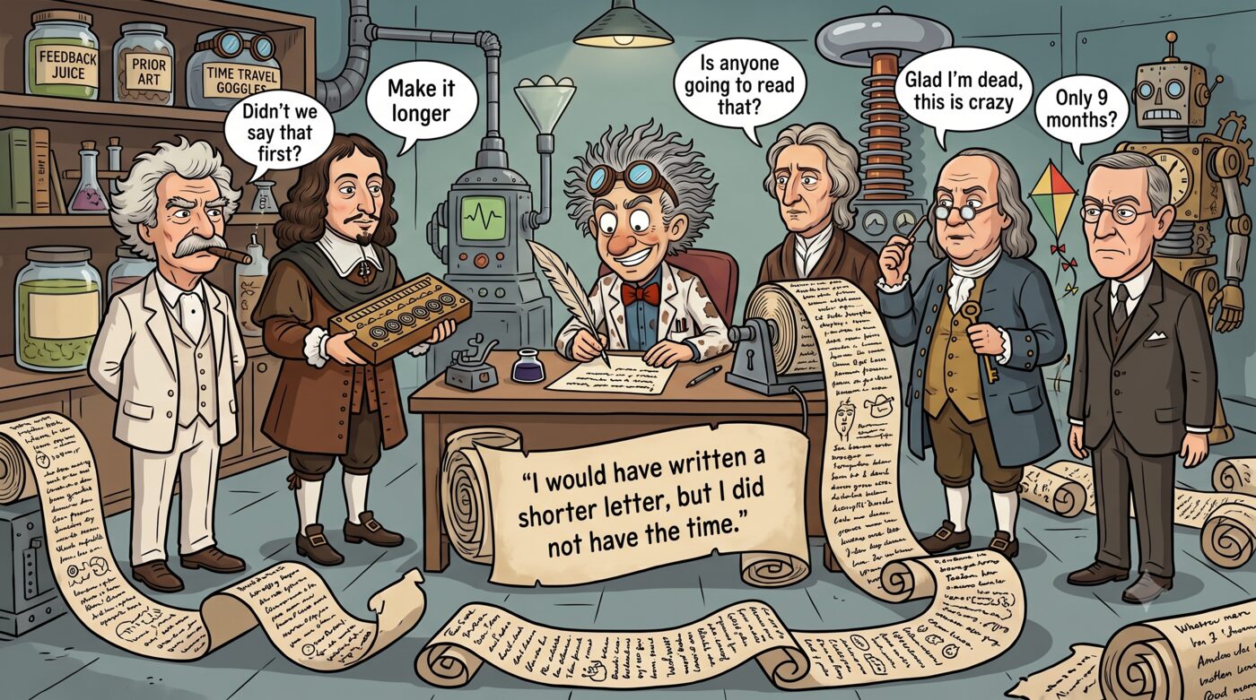 The goggled inventor mascot sits at a desk writing with a quill while endless handwritten scrolls unspool across the floor; a central scroll reads &lsquo;I would have written a shorter letter, but I did not have the time,&rsquo; as historical figures around him quip &lsquo;Make it longer,&rsquo; &lsquo;Didn&rsquo;t we say that first?,&rsquo; &lsquo;Is anyone going to read that?,&rsquo; &lsquo;Glad I&rsquo;m dead, this is crazy,&rsquo; and &lsquo;Only 9 months?&rsquo;