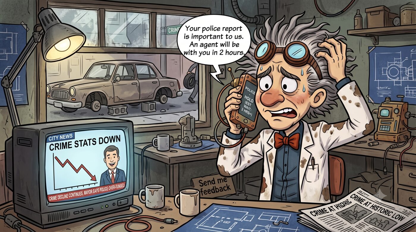 Cartoon of a frazzled inventor in a cluttered workshop, on hold with the police while a TV news broadcast behind him reports that crime statistics are down.