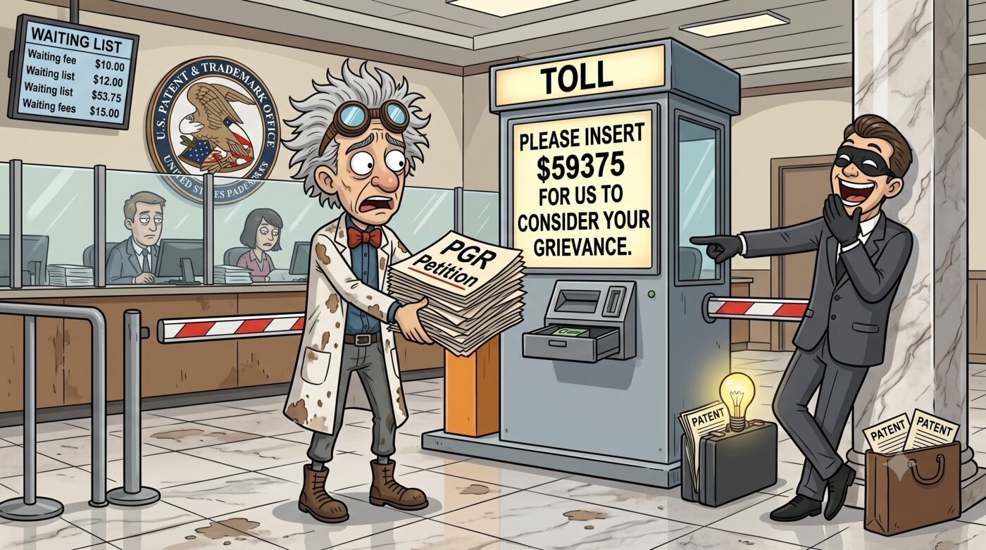 Cartoon of the goggled inventor in a USPTO lobby clutching a thick stack labeled &lsquo;PGR Petition&rsquo; in front of a toll booth whose sign reads &lsquo;Please insert $59,375 for us to consider your grievance,&rsquo; while a masked figure with a bag of patents laughs and points.
