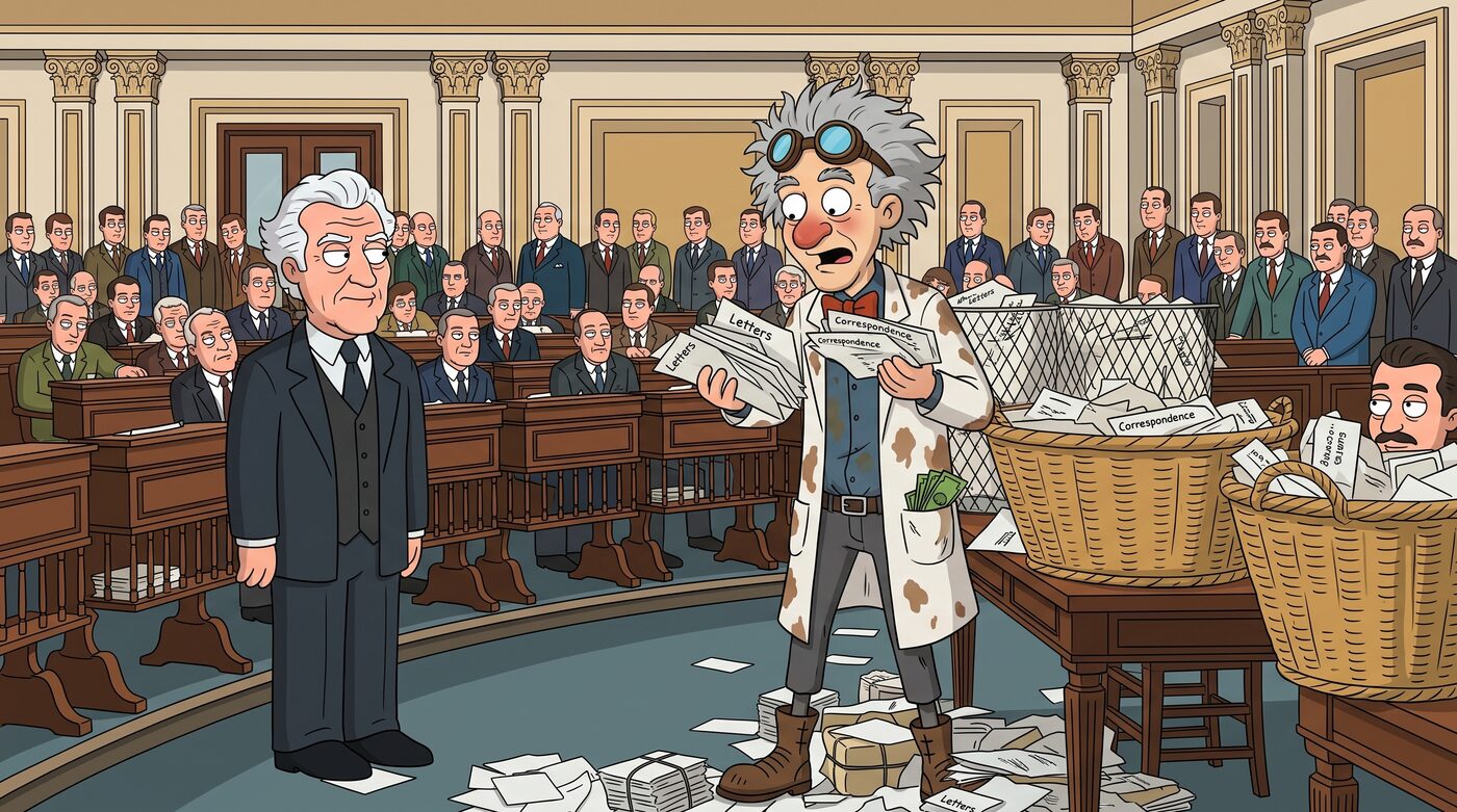 Cartoon of the goggled inventor in a stained lab coat standing on the Senate floor, clutching a fistful of papers labeled &lsquo;Letters&rsquo; and &lsquo;Correspondence,&rsquo; beside overflowing baskets of unread mail, while a white-haired senator and rows of suited legislators look on unmoved.