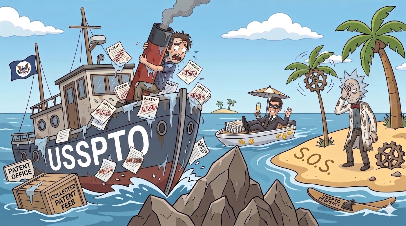 Cartoon: the 'USSPTO' steamboat run aground on rocks and plastered with 'DENIED' and 'REJECTED' patent papers beside a crate of 'COLLECTED PATENT FEES,' while the masked man relaxes in a small motorboat and the wild-haired inventor watches from his 'S.O.S.' island.