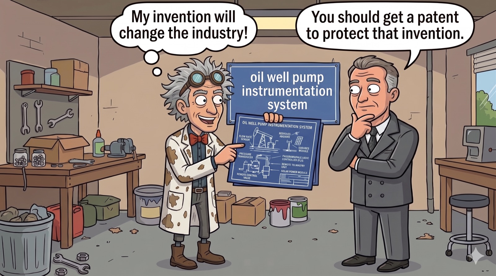 An inventor in a workshop holds up a poster for an 'oil well pump instrumentation system'; an advisor suggests getting a patent.
