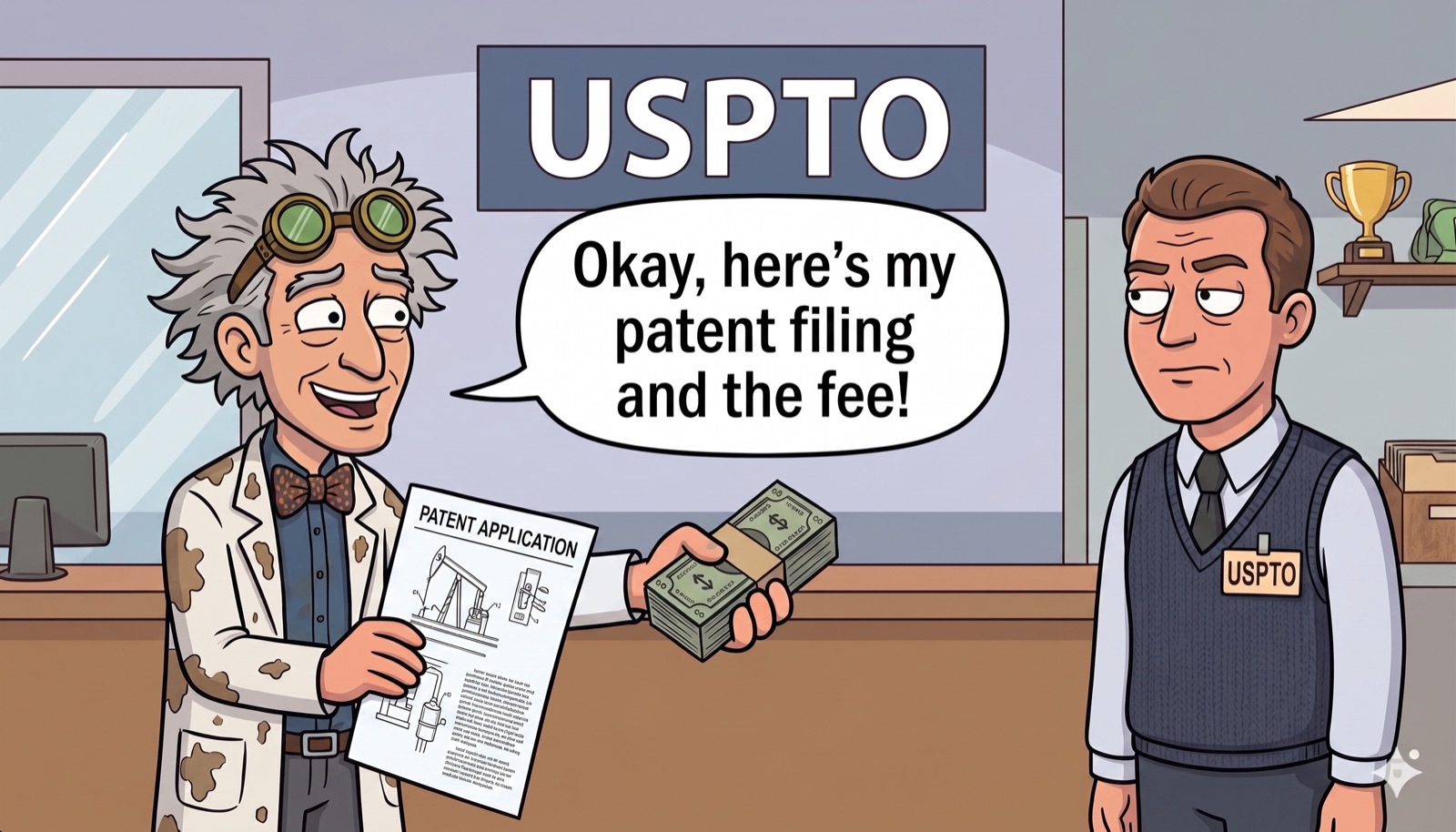 The inventor hands a patent application and a stack of cash to a USPTO clerk.