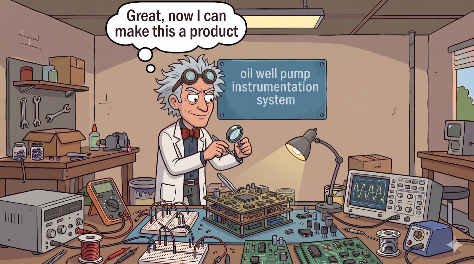 The inventor at a workbench examines a circuit board, planning to turn the invention into a product.