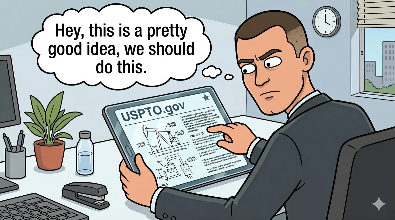 A corporate figure reads the published application on USPTO.gov and decides 'we should do this.'