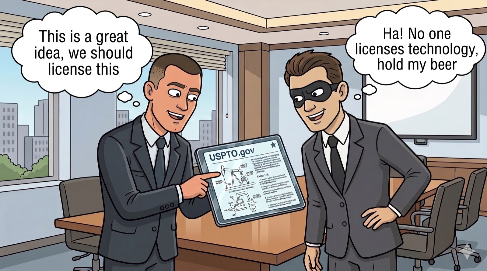 Two corporate figures; one suggests licensing the technology, a masked figure says no one licenses technology.