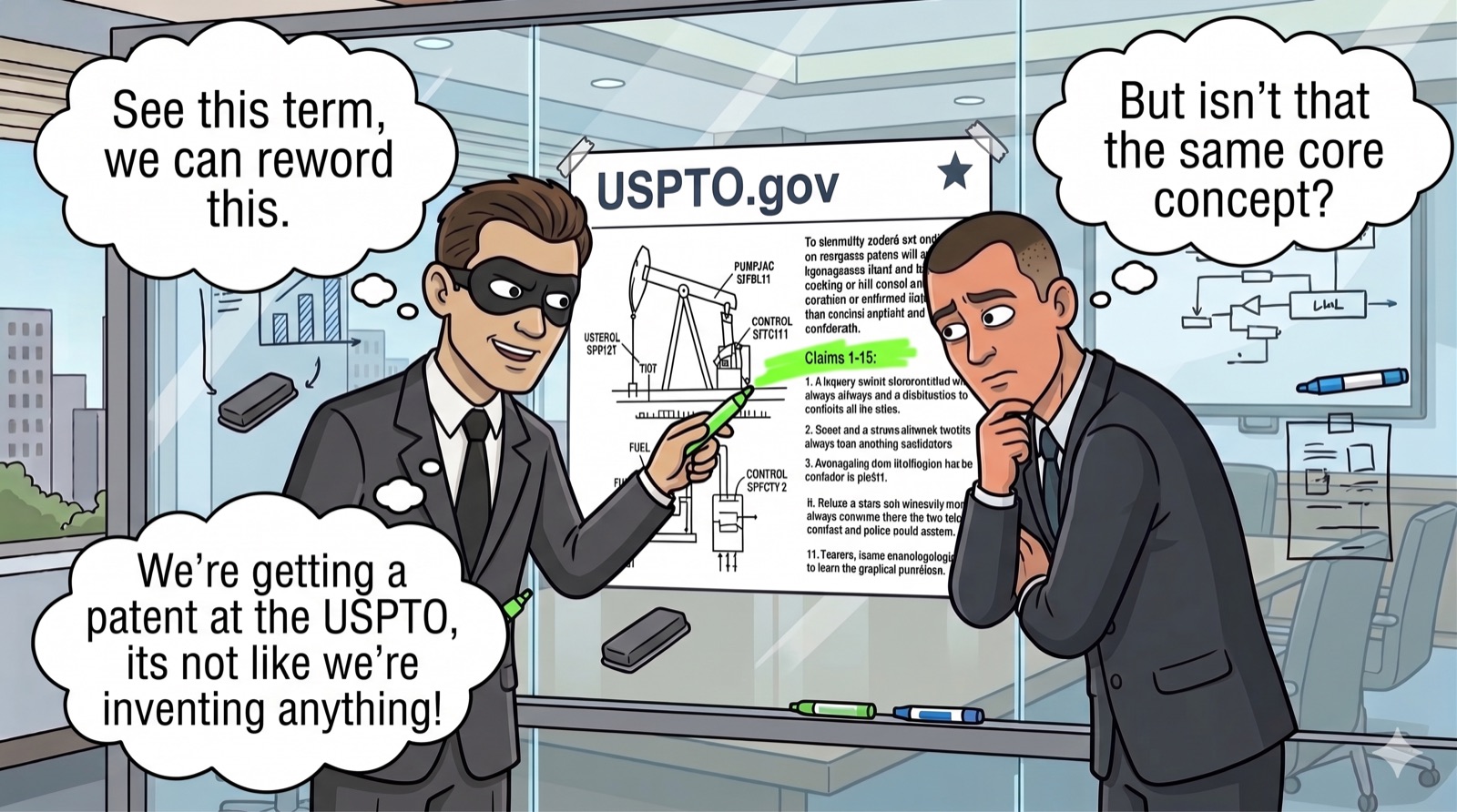 The masked figure points at claims on USPTO.gov and suggests rewording a term; the other asks if it isn't the same core concept.