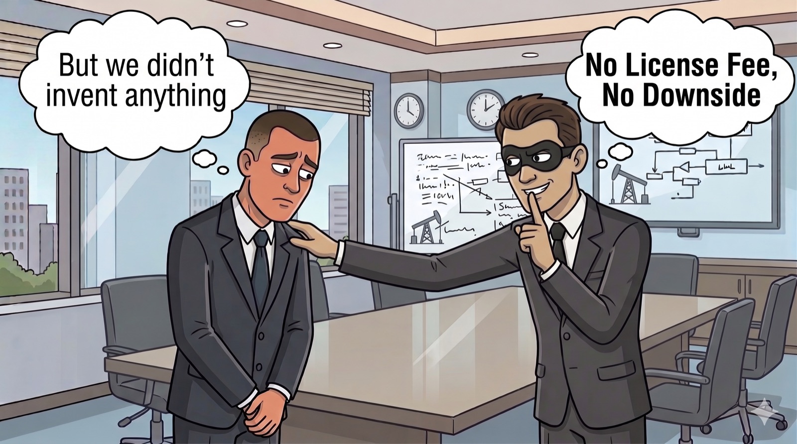 The masked figure, finger to lips, reassures the other: 'No license fee, no downside.'