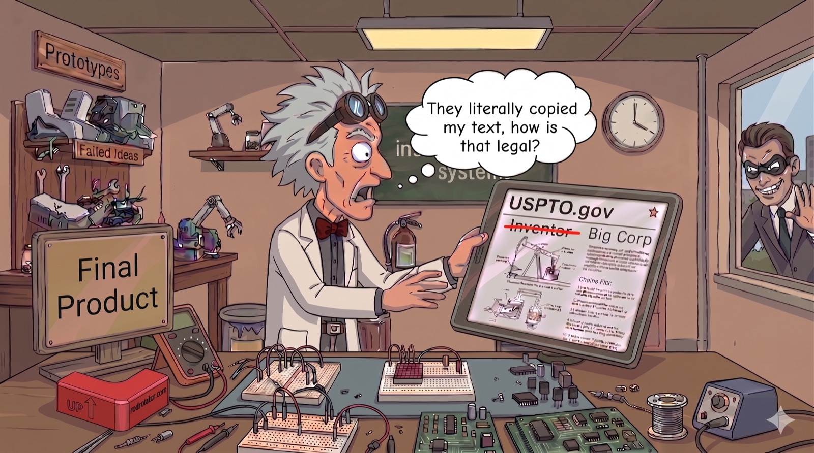 The inventor stares at USPTO.gov showing the inventor's name crossed out and 'Big Corp' listed as owner; the masked figure watches through a window.