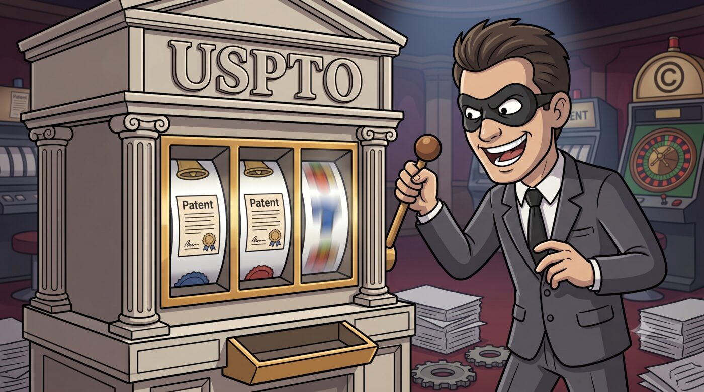 Cartoon: the masked, grinning Corporate IP Pirate in a suit yanks the lever of a slot machine built like the USPTO building, its reels lining up 'Patent' certificates, in a casino with a roulette wheel and stacks of paper nearby.
