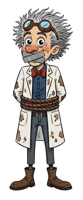 The inventor mascot — grey-haired with goggles on his forehead, in a stained lab coat and bow tie — bound with rope around his arms and gagged, standing helpless.