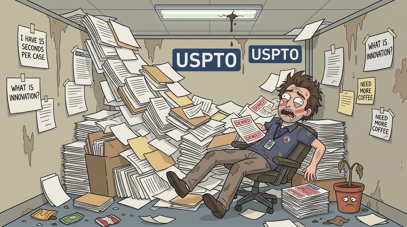 Cartoon: an exhausted USPTO examiner slumps in his chair buried under mountains of paperwork and 'Denied' stamps, surrounded by sticky notes reading 'I have 15 seconds per case,' 'What is innovation?' and 'Need more coffee,' beside a wilting potted plant.