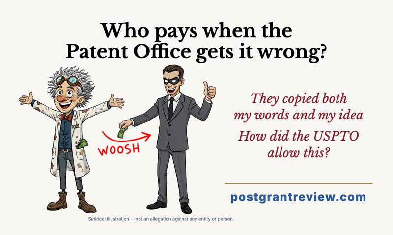 Front of the DC handout card: &lsquo;Who pays when the Patent Office gets it wrong?&rsquo; A cartoon inventor cheerfully hands cash to a masked man in a suit (&lsquo;WOOSH&rsquo;), beside the lines &lsquo;They copied both my words and my idea. How did the USPTO allow this?&rsquo; and postgrantreview.com.