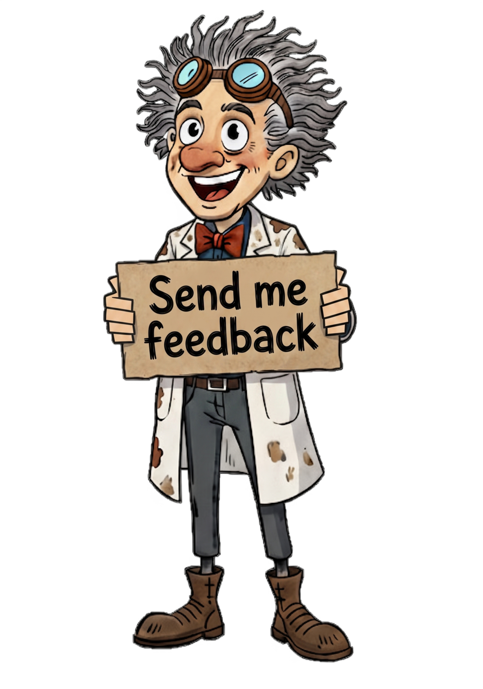 Cartoon: the goggled inventor, lab coat smudged, grins and holds up a cardboard sign reading ‘Send me feedback.’