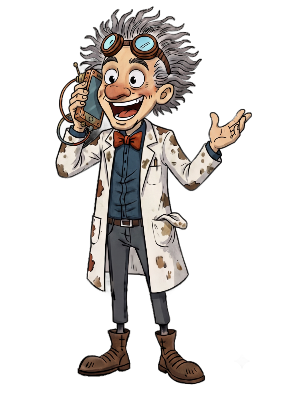 The inventor mascot — grey-haired with goggles on his forehead, in a stained lab coat and bow tie — grinning and chatting on a steampunk cell phone, one hand raised mid-gesture.