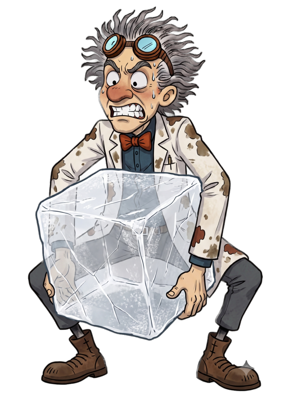 The inventor mascot — grey-haired with goggles on his forehead, in a stained lab coat and bow tie — grimacing and sweating as he strains to lift a giant translucent crystal cube, like a single enormous grain of salt.