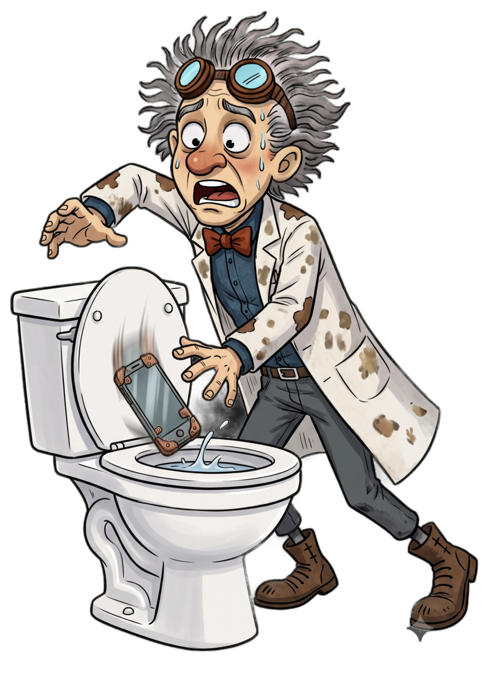 The inventor mascot — grey-haired with goggles on his forehead, in a stained lab coat and bow tie — horrified, hands flailing, as his smartphone tumbles into an open toilet bowl with a splash.