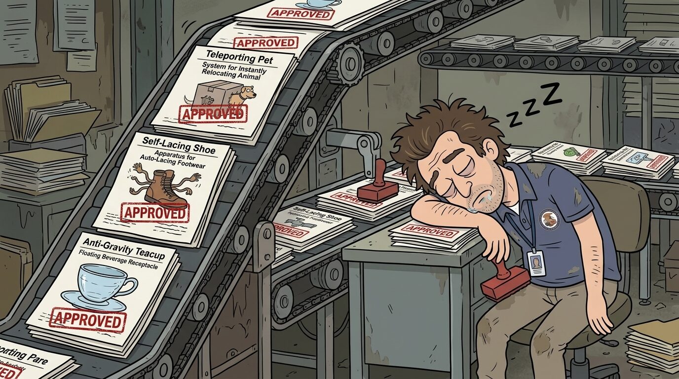 Cartoon: an exhausted examiner dozes at his desk, rubber stamp in hand, as a conveyor belt feeds him a stream of patents already marked 'APPROVED' — a Teleporting Pet, a Self-Lacing Shoe, an Anti-Gravity Teacup.