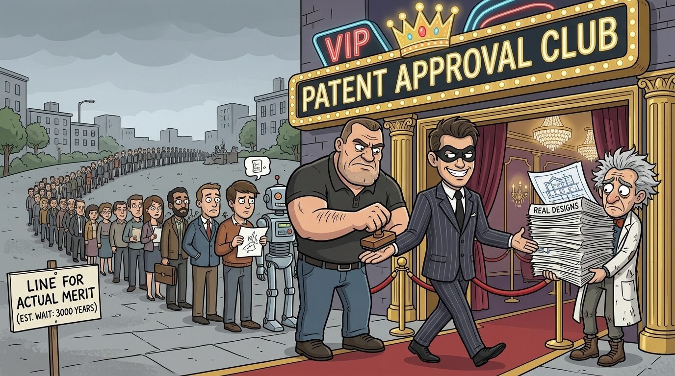 Cartoon: a slick masked thief in a suit is ushered past a bouncer into a 'VIP Patent Approval Club,' while a long line labeled 'Line for actual merit (est. wait 3000 years)' waits outside and the goggled inventor clutches a thick stack of 'Real designs.'