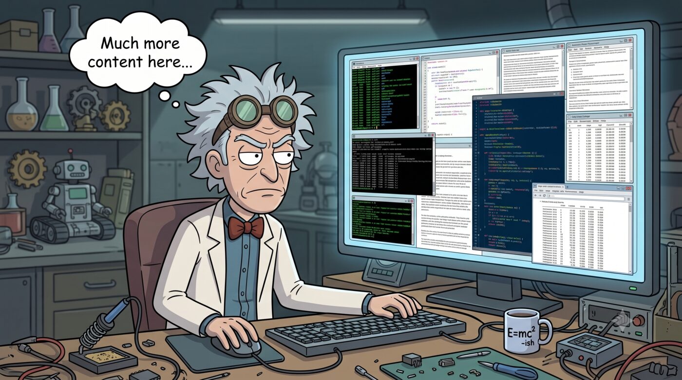 The inventor at his desk with a thought bubble reading &ldquo;Much more content here&hellip;&rdquo;