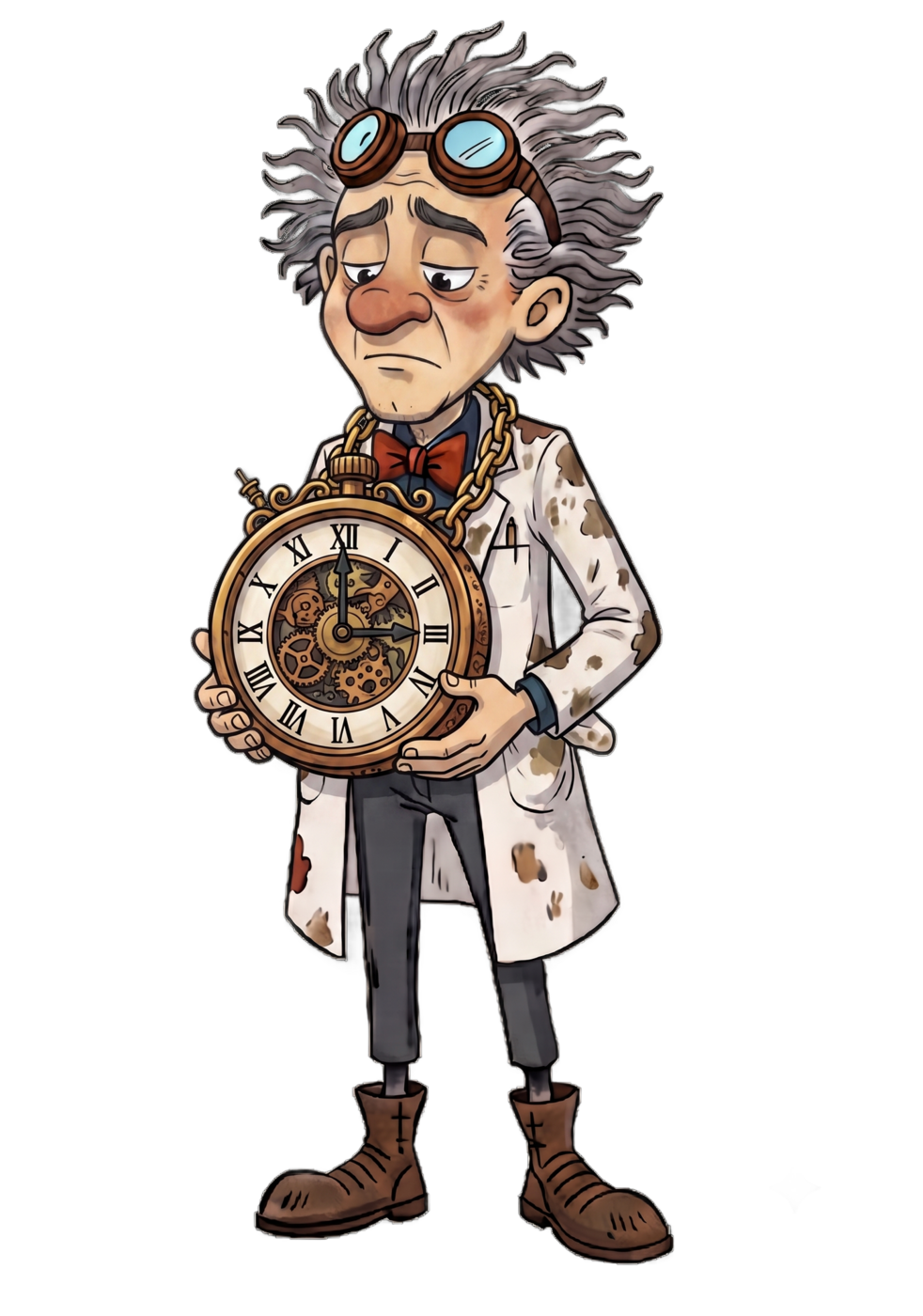 The goggled inventor mascot, looking weary, cradles a giant ornate pocket watch with exposed clockwork gears — time running out.