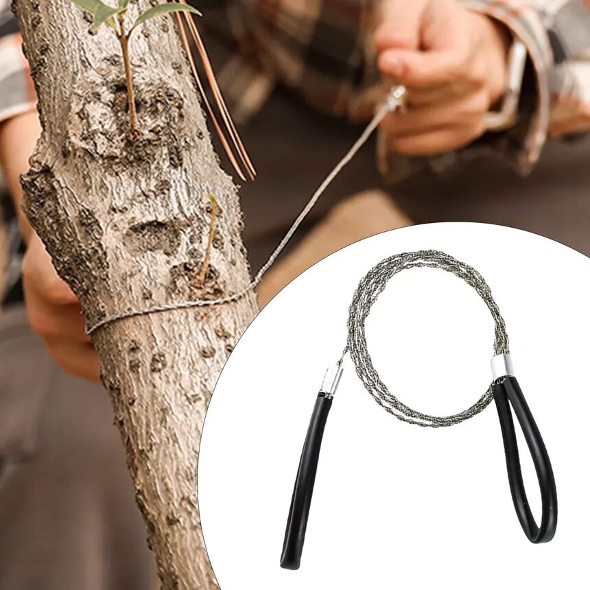 A flexible wire pocket saw looped around a tree trunk and pulled taut by hand, with an inset showing the coiled stainless wire saw and its two rubber finger handles.