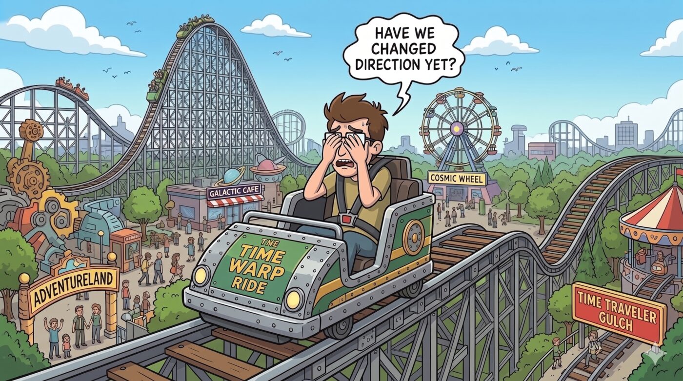 Cartoon: a man rides the ‘Time Warp Ride’ rollercoaster with both hands over his eyes, a speech bubble asking &ldquo;Have we changed direction yet?&rdquo; amid a theme park of coasters and a Ferris wheel.