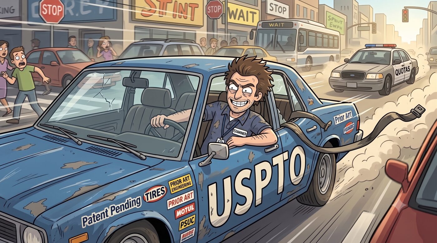 Cartoon: a grinning driver in a battered car painted 'USPTO' and plastered with 'Patent Pending' and 'Prior Art' stickers speeds through a chaotic intersection full of STOP and WAIT signs and scattering pedestrians, while a police cruiser marked 'QUOTAS' gives chase.