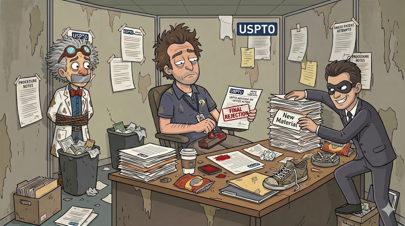 Cartoon: in a cluttered USPTO cubicle the bound-and-gagged inventor looks on while a weary examiner holds a 'Final Rejection' page and a masked thief in a suit slides a stack labeled 'New Material' onto the desk.