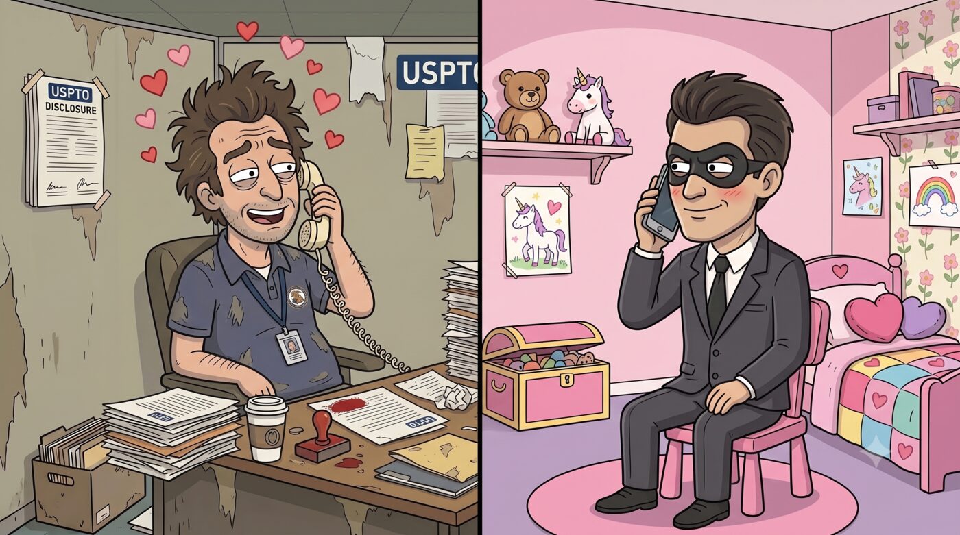 Split cartoon: on the left a disheveled USPTO examiner in a grimy cubicle smiles dreamily on an old phone with hearts floating around him; on the right the masked Corporate IP Pirate in a suit sits in a pink, unicorn-decorated child's bedroom, phone to his ear, sweet-talking him.