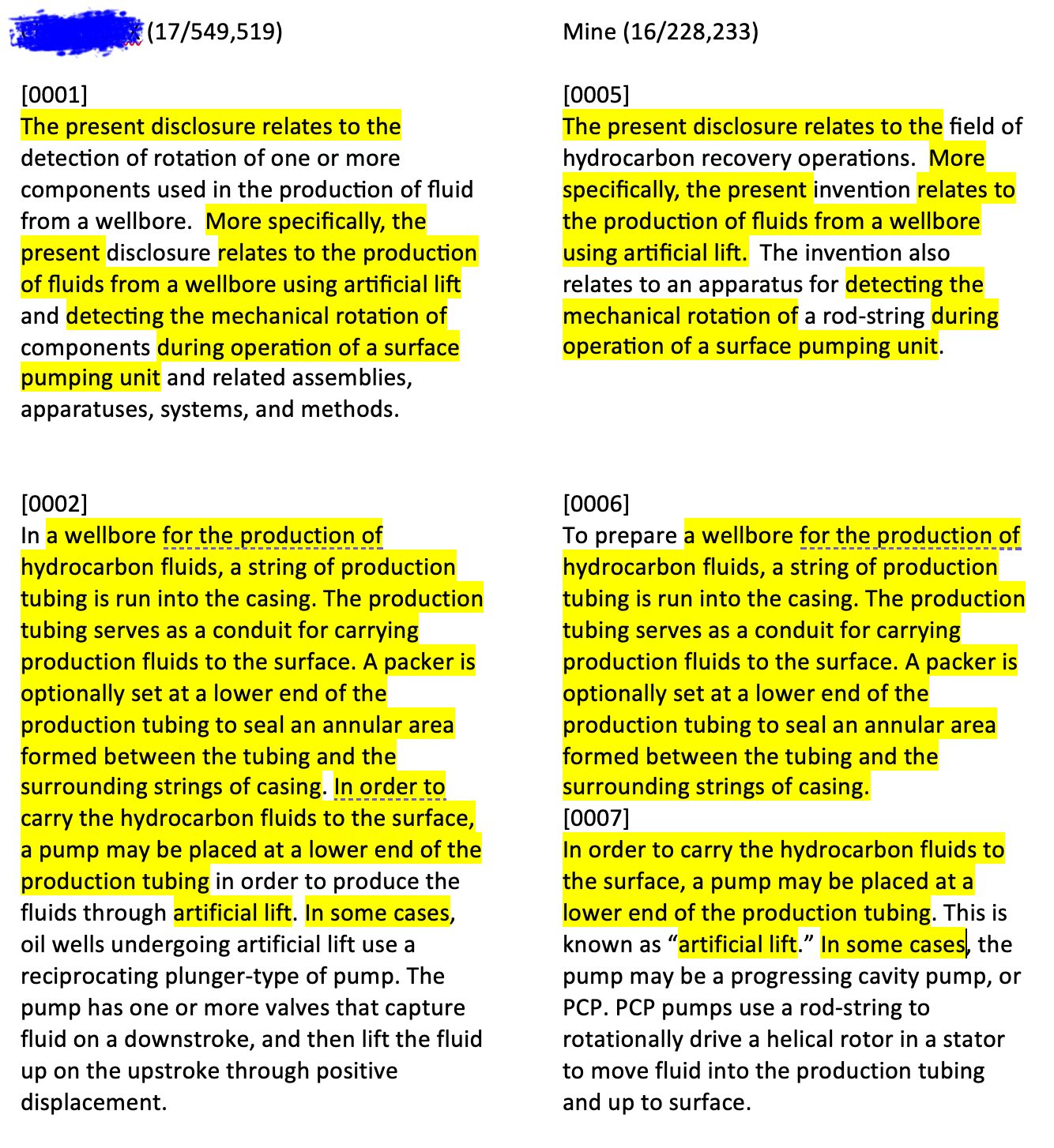 Side-by-side comparison of two patent applications: their paragraphs [0001]-[0002] on the left and my paragraphs [0005]-[0007] on the right, with matching language about producing fluid, artificial lift, and detecting the mechanical rotation of a surface pumping unit highlighted in both columns.