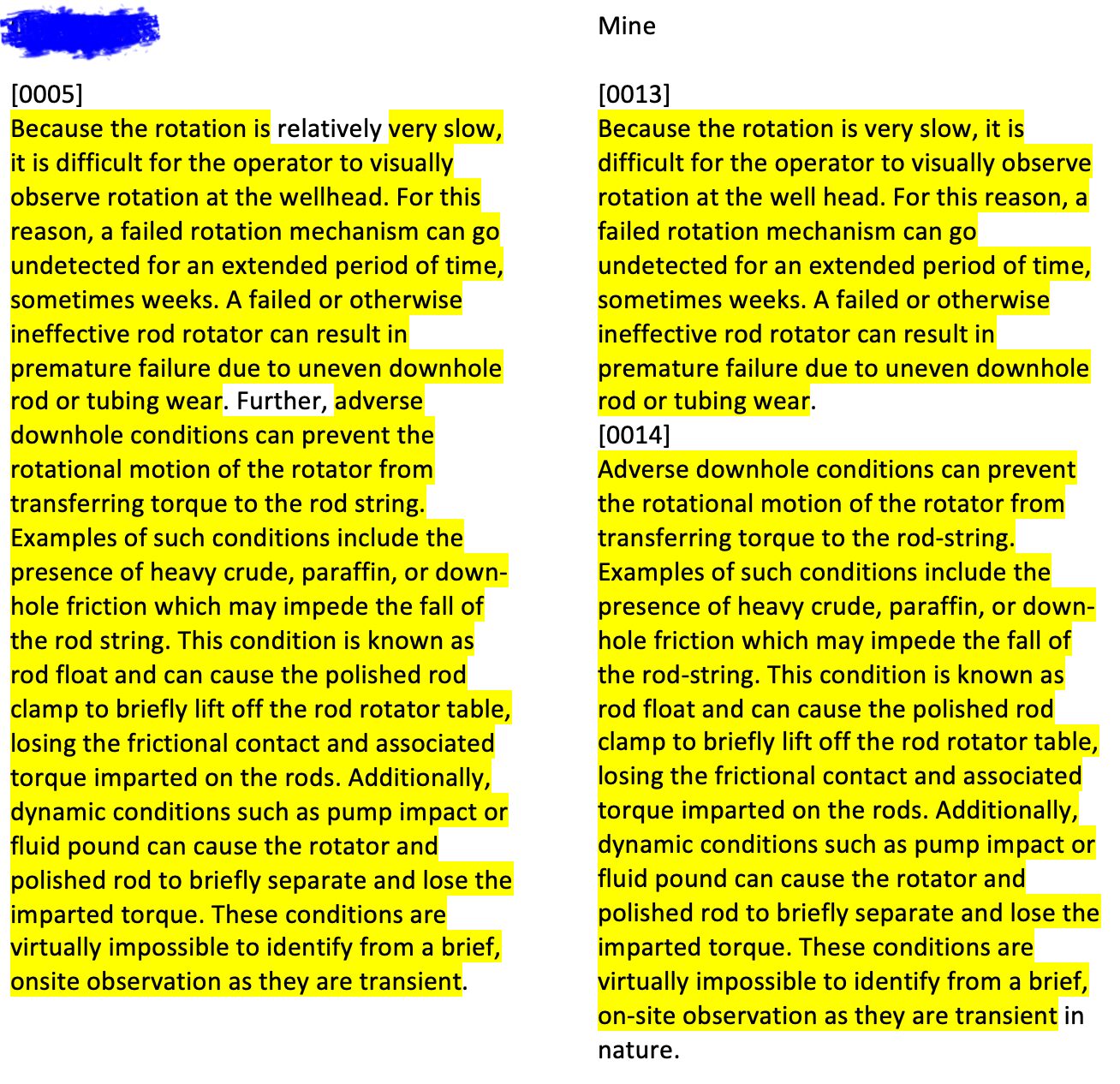 Side-by-side comparison: their paragraph [0005] and my paragraphs [0013]-[0014], with matching language about the rotation being too slow to observe at the wellhead and undetected rotator failure causing downhole rod or tubing wear highlighted in both columns.