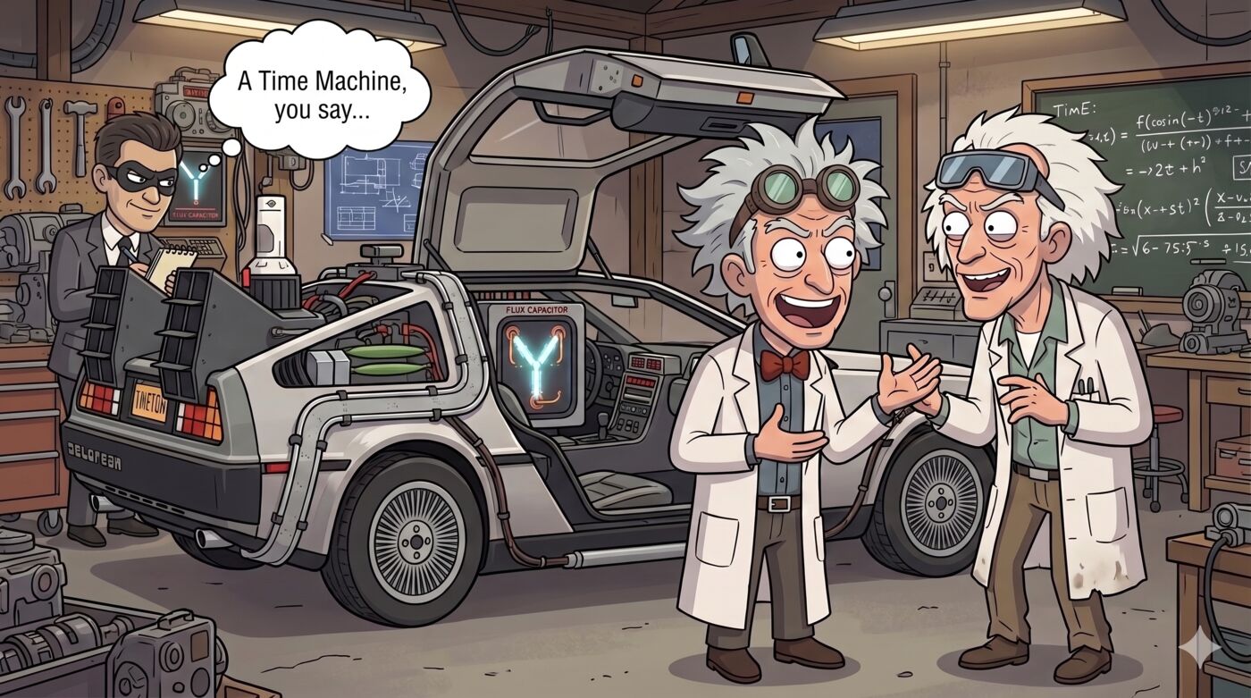 Cartoon workshop: a gull-wing DeLorean-style time machine with its doors up and a glowing flux capacitor, two excited wild-haired scientists in lab coats and goggles gesturing beside it, and a masked man in a suit at a workbench saying &ldquo;A Time Machine, you say&hellip;&rdquo; before a chalkboard of equations.