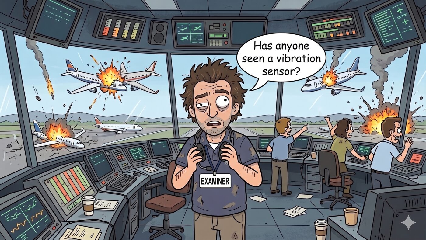 Cartoon: an air-traffic-control tower in chaos with planes crashing and burning outside while a badge-wearing 'EXAMINER' stands frozen, a speech bubble asking 'Has anyone seen a vibration sensor?'